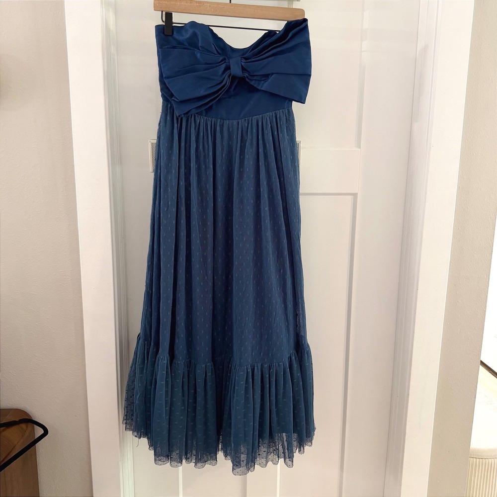 Hutch Navy Blue Strapless Bow Bodice Tulle Point Desprit Maxi Dress Size 0 Chic